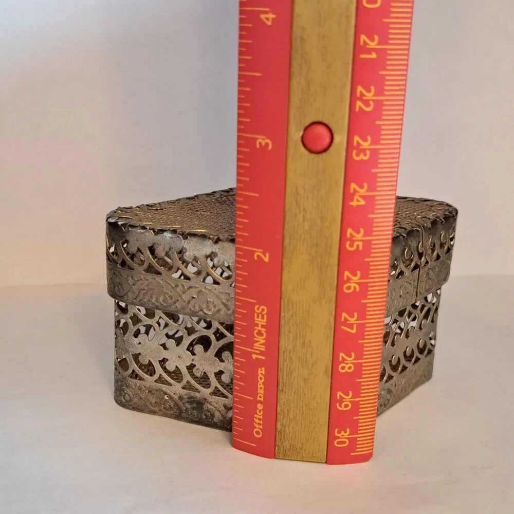 Vintage Metal Box Container Filigree Trinket with Lid and Rose on Top